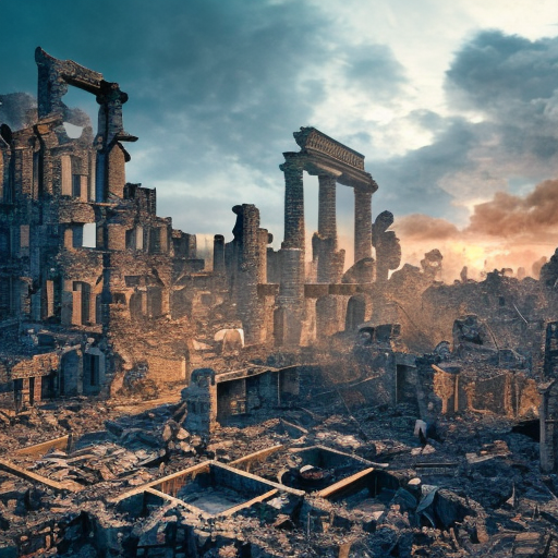 Scattered ruins of a modern civilization, A city destroyed after a war, centered, 8k, HD with style of