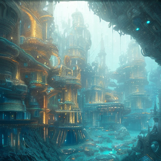 Mystical Underwater city, Underwater city ruins, centered, (works by Jan Urschel, Michal Karcz), dark sci-fi, trending on artstation with style of (John Berkey)