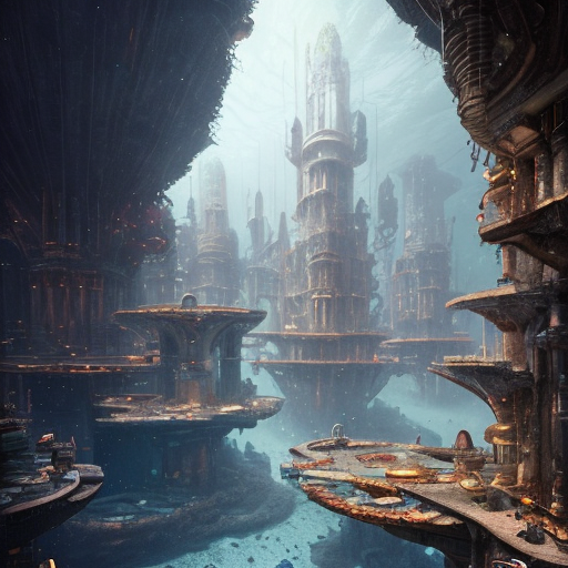 Mystical Underwater city, Underwater city ruins, centered, (works by Jan Urschel, Michal Karcz), dark sci-fi, trending on artstation with style of apocalypse