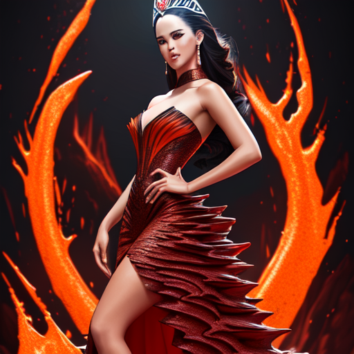 catriona gray, lava inspired gown, centered, Portrait style, sharp, highly detailed, 8k, HD with style of (Tronie)