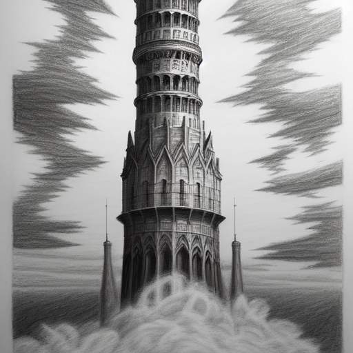 tower of the sky, centered, Realistic art, pencil drawing with style of