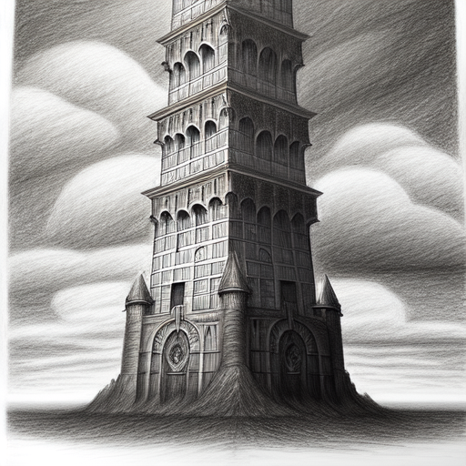 tower of the sky, centered, Realistic art, pencil drawing with style of