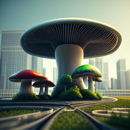 modern mushroom , Merging nature and steel buildings, centered, 3d, octane render, high quality, 4k with style of