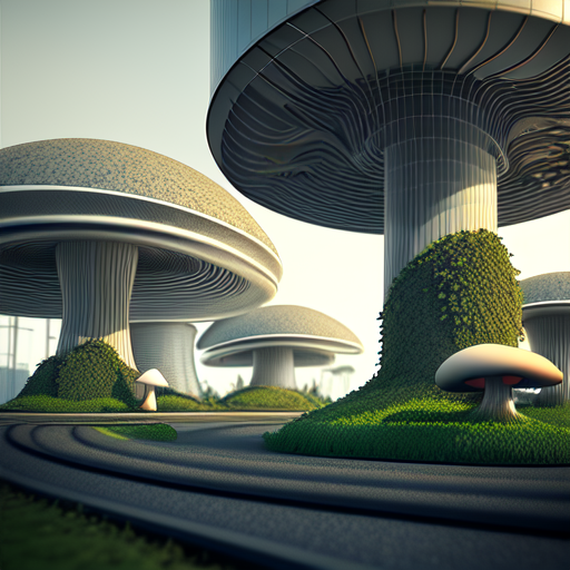 modern mushroom , Merging nature and steel buildings, centered, 3d, octane render, high quality, 4k with style of