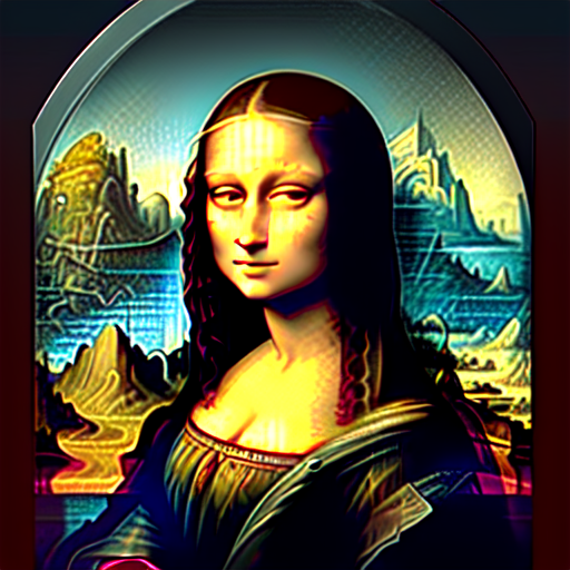 the mona lisa with a futuristic background with tall buildings, centered, fantasy, (Greg Rutkowski), (Marc Simonetti), (Frank Frazetta), (Artgerm) with style of (Charlie Bowater)