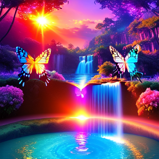 Holographic waterfalls with butterflies and dreamy sunset with unicorns, centered, 8k, HD with style of