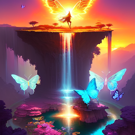 Holographic waterfalls with butterflies and dreamy sunset with unicorns, centered, fantasy, (Greg Rutkowski), (Marc Simonetti), (Frank Frazetta), (Artgerm) with style of epic lighting