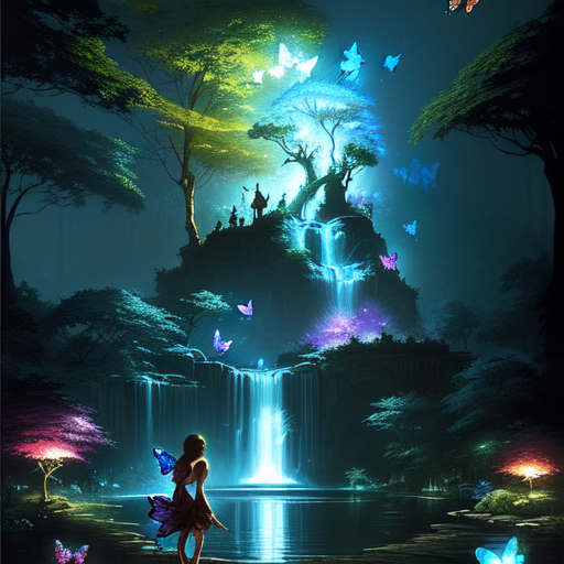 waterfal with glowing water and butterflies with trees with fairy lights, centered, night, street, fantasy, (Greg Rutkowski), (Marc Simonetti), (Frank Frazetta), (Artgerm) with style of epic lighting