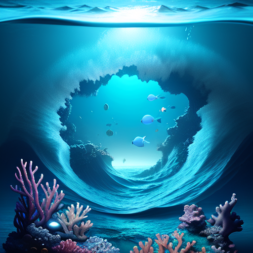 Dreamland deep ocean, Virtual reefs and waves, Cyber seafloor, Sunken treasures revealed, centered, digital art, trending on artstation, (cgsociety) with style of (Irina French)