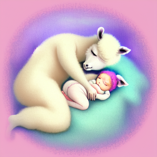 baby alpaca sleeping with mommy alpaca, centered, pastel colors style, colorful with style of (Edgar Degas)