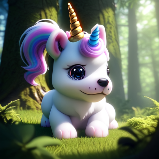 cute baby dog with unicorn horn in the forest, closeup cute and adorable, cute big circular reflective eyes, long fuzzy fur, Pixar render, unreal engine cinematic smooth, intricate detail, cinematic, 3d, octane render, high quality, 4k with style of