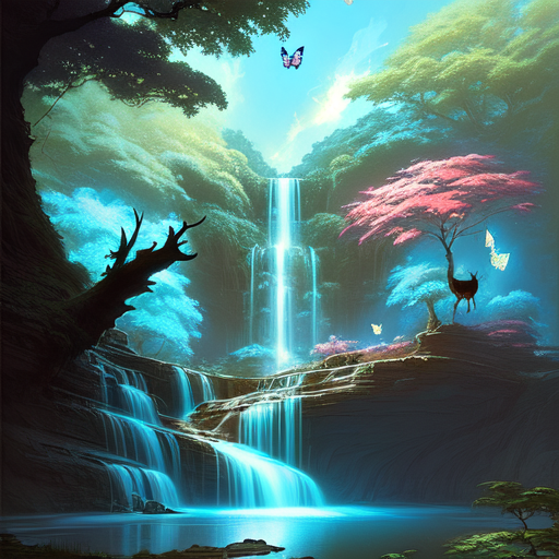 water fall with dreamy sky and butterflies with deers and glowing trees, centered, fantasy, (Greg Rutkowski), (Marc Simonetti), (Frank Frazetta), (Artgerm) with style of (Frank Frazetta)