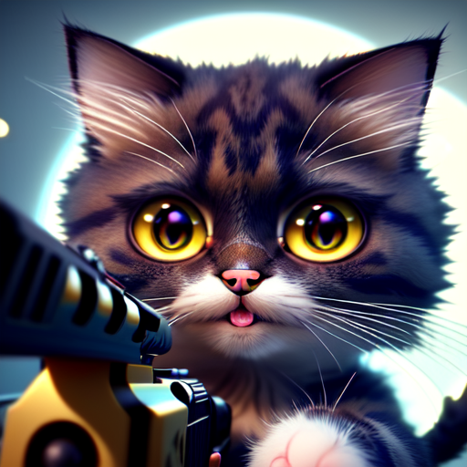 cute cat with a gun, closeup cute and adorable, cute big circular reflective eyes, long fuzzy fur, Pixar render, unreal engine cinematic smooth, intricate detail, cinematic, 8k, HD with style of