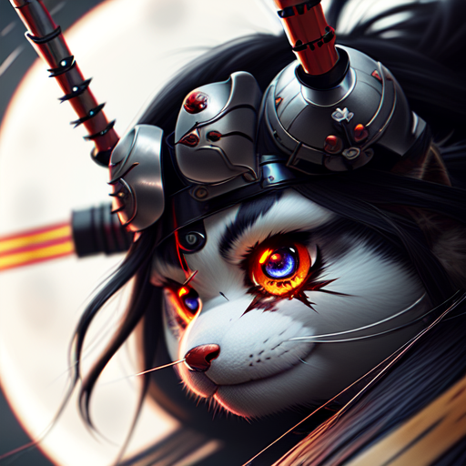 A cyborg samurai with long hair and battle scars in attack position, closeup cute and adorable, cute big circular reflective eyes, long fuzzy fur, Pixar render, unreal engine cinematic smooth, intricate detail, cinematic, Realistic art, pencil drawing with style of