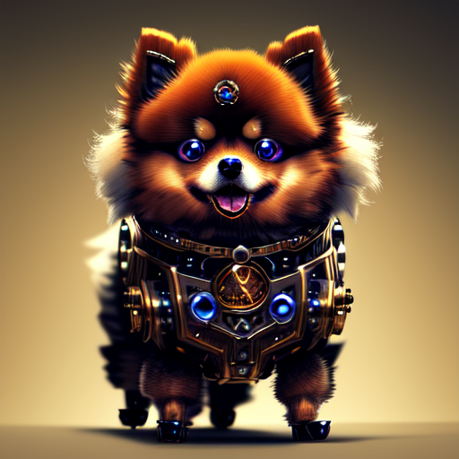 robotic pomeranian, Fusion of fur and steel, centered, steampunk, highly detailed, 8k, intricate, cinematic with style of (Pete Amachree)