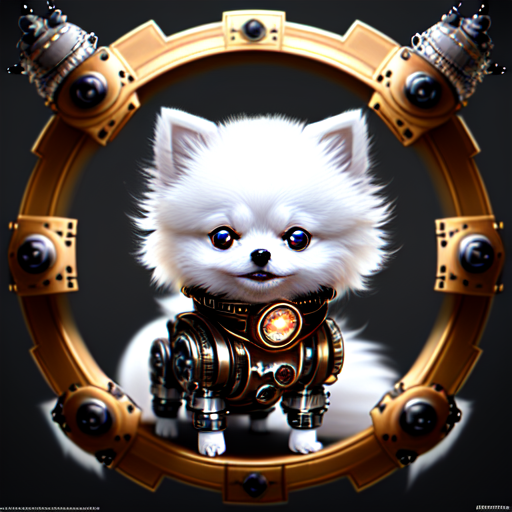 white robotic baby pomeranian, Fusion of fur and steel, centered, steampunk, highly detailed, 8k, intricate, cinematic with style of (Pete Amachree)