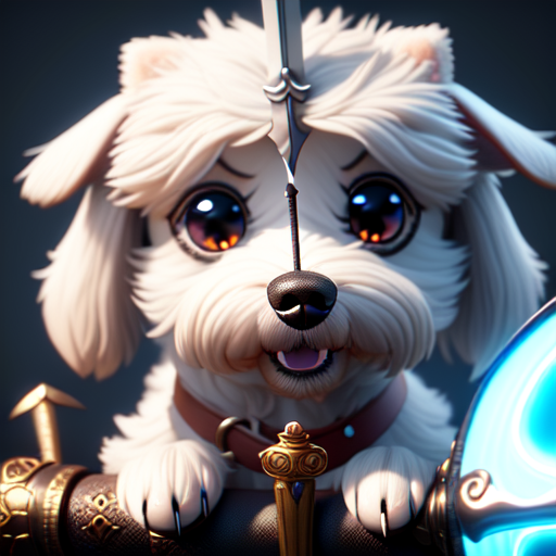 cute dog with sword, closeup cute and adorable, cute big circular reflective eyes, long fuzzy fur, Pixar render, unreal engine cinematic smooth, intricate detail, cinematic, 8k, HD with style of