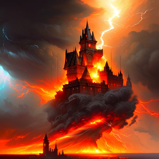 firestorm on castle with thunderstorm, Hyper realistic hurricane storm, centered, fantasy, (Greg Rutkowski), (Marc Simonetti), (Frank Frazetta), (Artgerm) with style of (Greg Rutkowski)