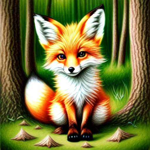 Cute baby fox in forest, centered, Realistic art, pencil drawing with style of