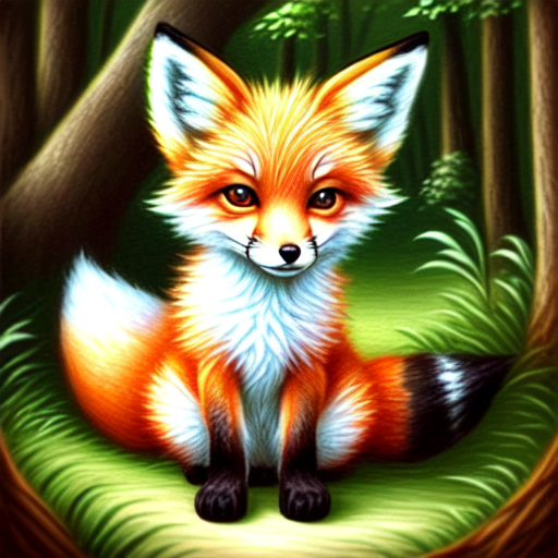 cute baby fox in forest, centered, Realistic art, pencil drawing with style of