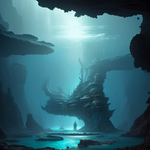ancient atlantis near deep gorge with sea creatures, centered, (works by Jan Urschel, Michal Karcz), dark sci-fi, trending on artstation with style of (Sparth)