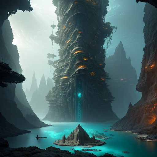 ancient atlantis near deep gorge with sea creatures, centered, (works by Jan Urschel, Michal Karcz), dark sci-fi, trending on artstation with style of apocalypse