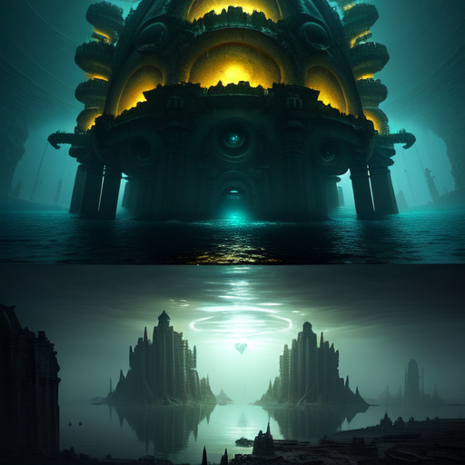 ancient underwater cities with cthulhu, centered, (works by Jan Urschel, Michal Karcz), dark sci-fi, trending on artstation with style of apocalypse