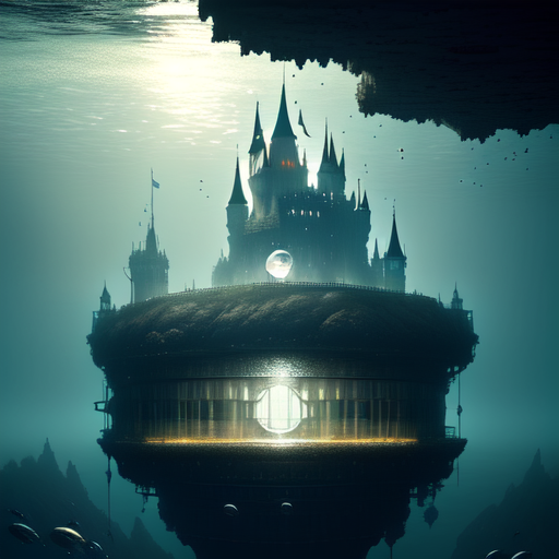 A castle underwater with big bubble surrounding around it., centered, (works by Jan Urschel, Michal Karcz), dark sci-fi, trending on artstation with style of (Sparth)