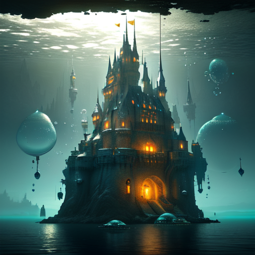 A castle underwater with big bubble surrounding around it., centered, (works by Jan Urschel, Michal Karcz), dark sci-fi, trending on artstation with style of (John Berkey)