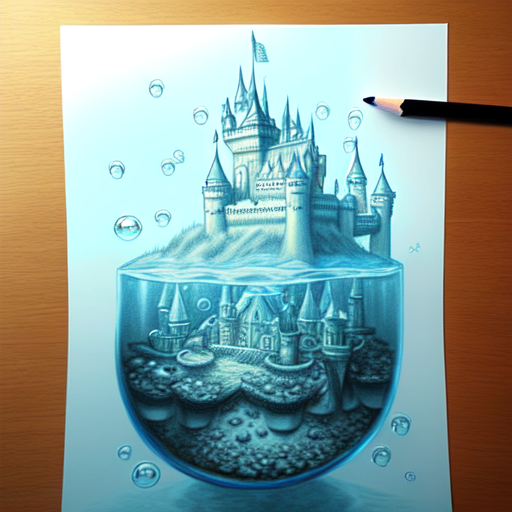 A castle underwater with big bubble surrounding around it., centered, Realistic art, pencil drawing with style of