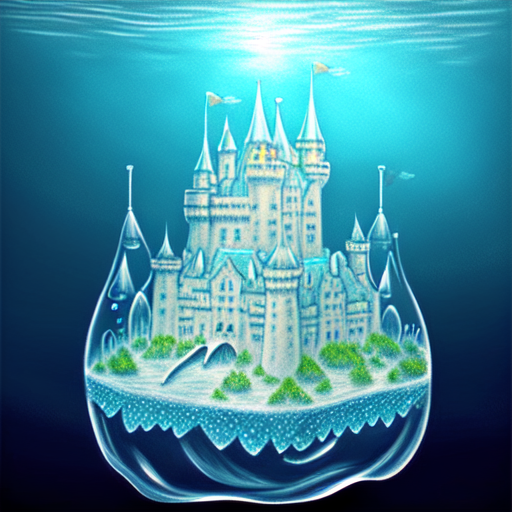 A castle underwater with big bubble surrounding around it., centered, Realistic art, pencil drawing with style of