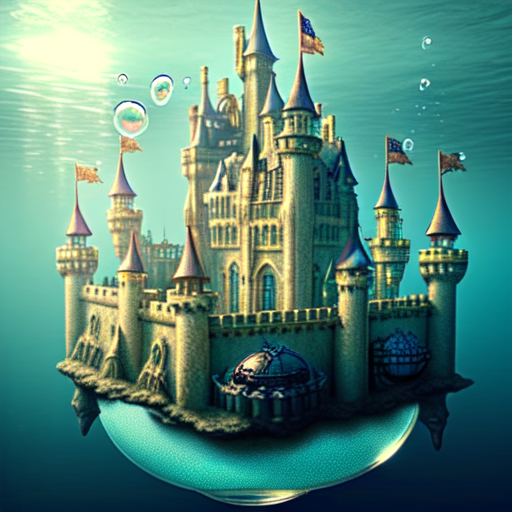 A castle underwater with big bubble surrounding around it., centered, steampunk, highly detailed, 8k, intricate, cinematic with style of intricate