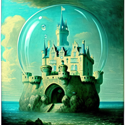 A castle underwater with big bubble surrounding around it., centered, pastel colors style, colorful with style of (Jean-Francois Millet)