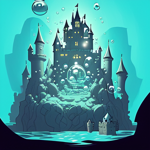 A castle underwater with big bubble surrounding around it., centered, Pablo olivera, smooth lines, graphic novel, comic art, trending on artstation ((Mike Mignola)) with style of (Mike Mignola)