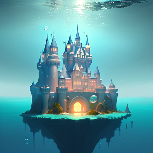 A castle underwater with big bubble surrounding around it., centered, digital art, trending on artstation, (cgsociety) with style of (Mandy Jurgens)