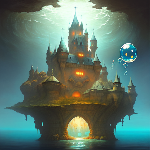 A castle underwater with big bubble surrounding around it., centered, fantasy, (Greg Rutkowski), (Marc Simonetti), (Frank Frazetta), (Artgerm) with style of (Frank Frazetta)