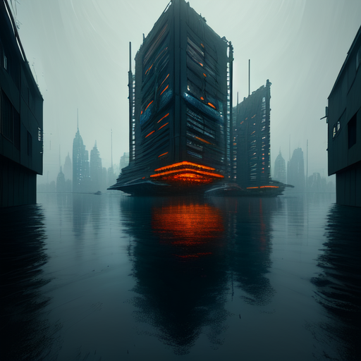 Building surrounded by water, centered, (works by Jan Urschel, Michal Karcz), dark sci-fi, trending on artstation with style of (Vincent Di Fate)