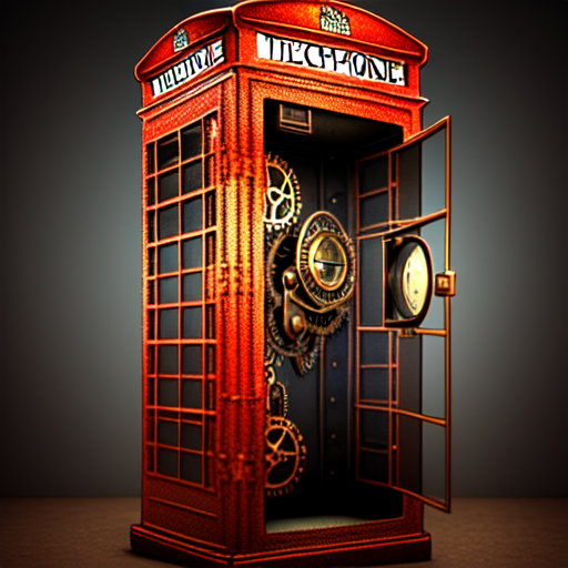 Time machine in telephone booth, centered, steampunk, highly detailed, 8k, intricate, cinematic with style of (Pete Amachree)
