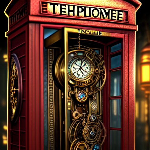 Time machine in telephone booth, centered, steampunk, highly detailed, 8k, intricate, cinematic with style of intricate